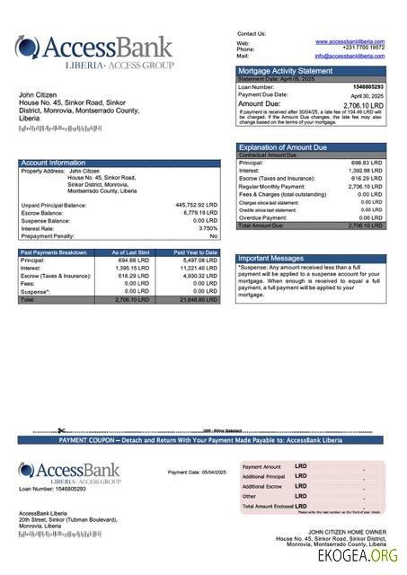 Libéria AccessBank Libéria relevé hypothécaire Modèle Word et PDF
